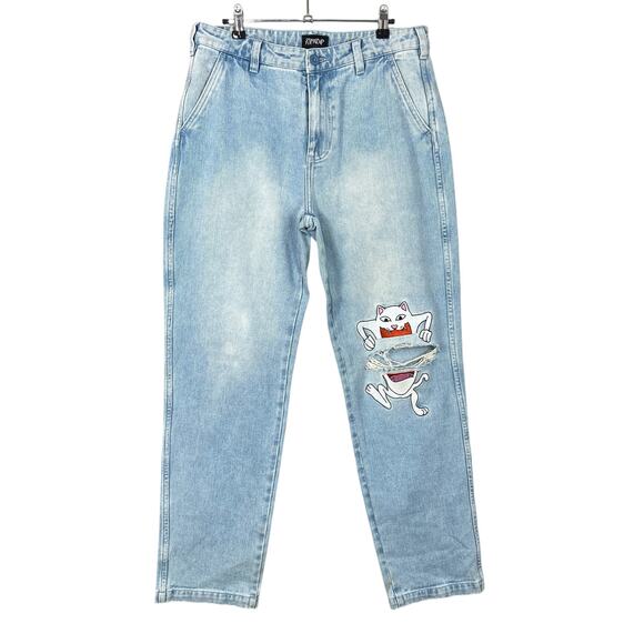 RIPNDIP Jeans Men's 34 Cut Knee Patches Cat Peace No Love Denim